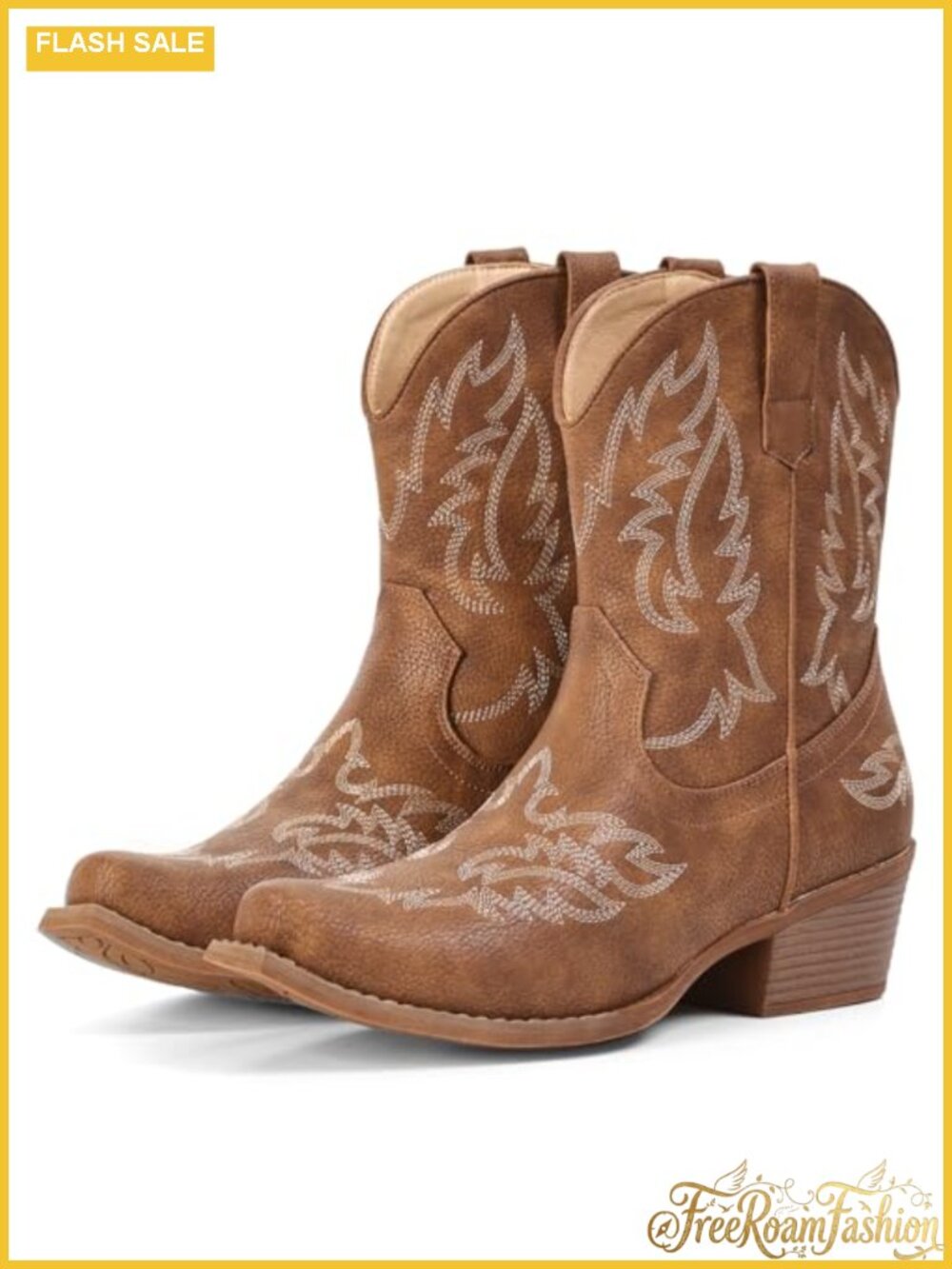 Faux Leather Western Ankle Boots Snip Toe Block Heel Cowgirl